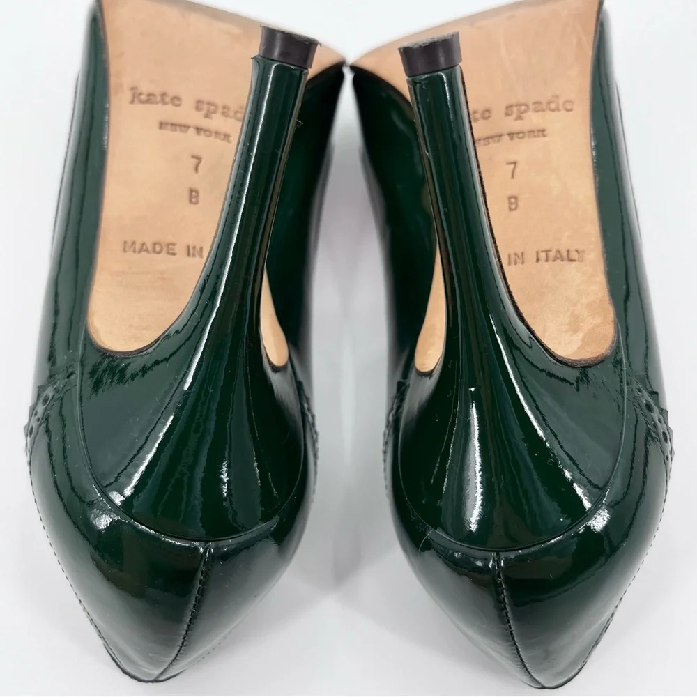 Kate Spade Rich Green Patent Leather Brogue Round Toe High Heels Size 7